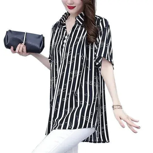 Summer Mom plus Size Striped Shirt Short Sleeve Casual Loose Fashionable Anti-Aging Slimming Top Meat Covering V-neck T-shirt