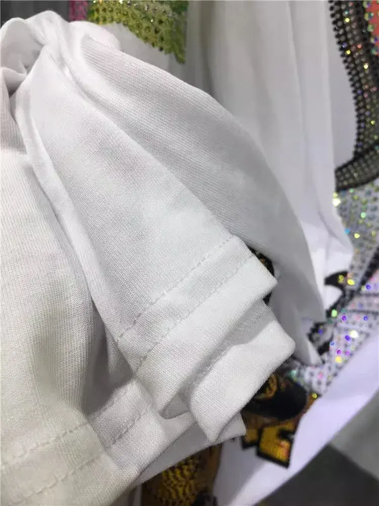 Women's Short Sleeve T-shirt Over 200lbs Stylish Crew Neck Design Rhinestone Embellishments Fashionable Rabbit Print