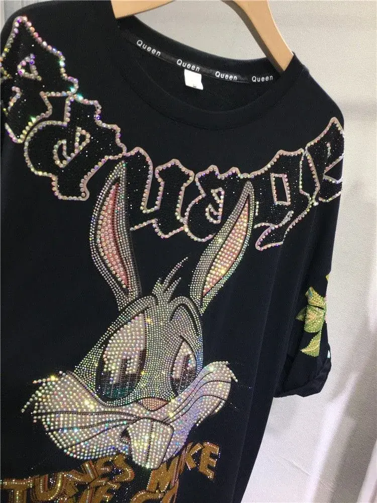 Women's Short Sleeve T-shirt Over 200lbs Stylish Crew Neck Design Rhinestone Embellishments Fashionable Rabbit Print