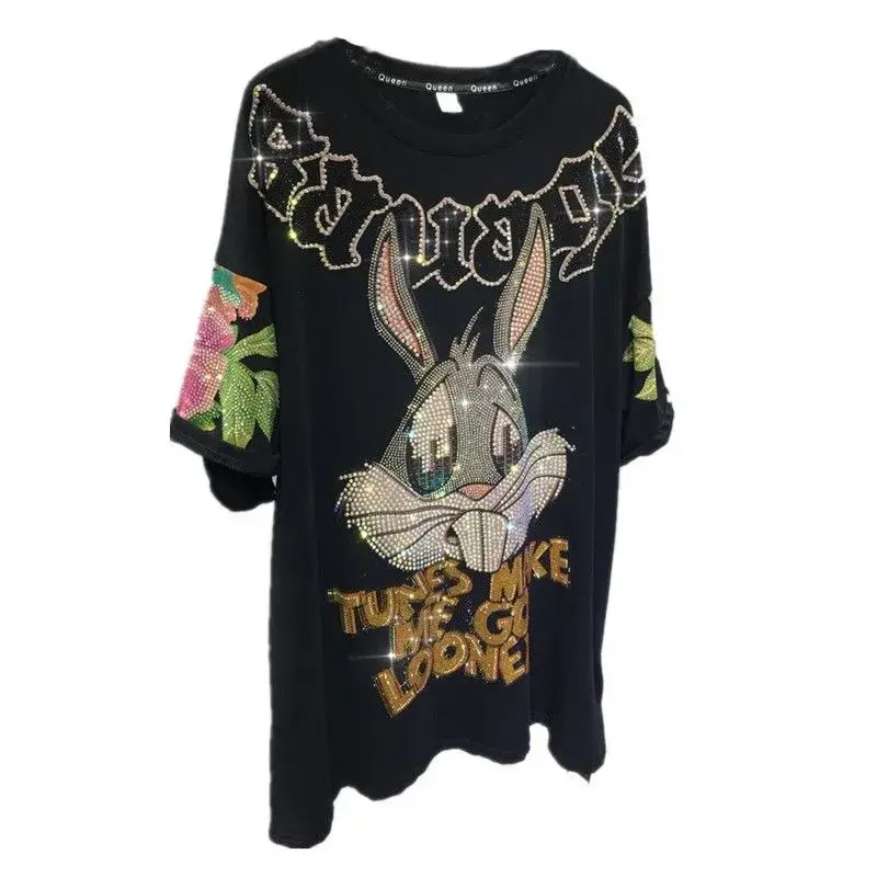 Women's Short Sleeve T-shirt Over 200lbs Stylish Crew Neck Design Rhinestone Embellishments Fashionable Rabbit Print