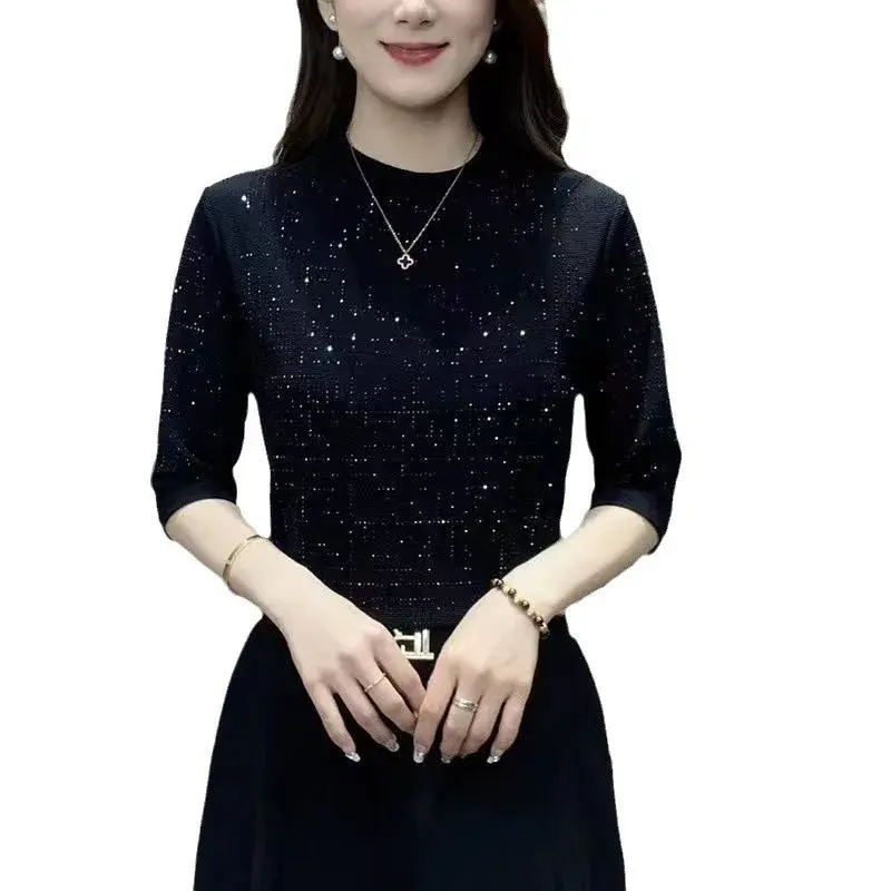 Fashionable Mommy Style Sleeveless T-shirt Pure Color Rhinestone Base Shirt Spring New Women's Fashion Top Casual Crew Neck