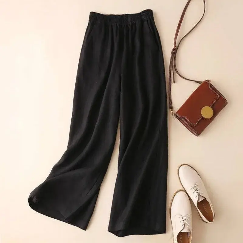 High Waist Cotton Wide Leg Pants Women's Summer New Style Loose Straight Cut Trousers Casual Large Size Nine Points Pants