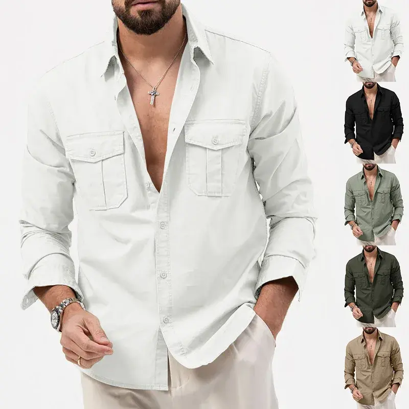 2024 New Men's Casual Long Sleeve Shirt Multiple Pockets Independent Station European American Style Shirt Square Collar