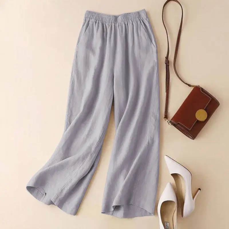 High Waist Cotton Wide Leg Pants Women's Summer New Style Loose Straight Cut Trousers Casual Large Size Nine Points Pants