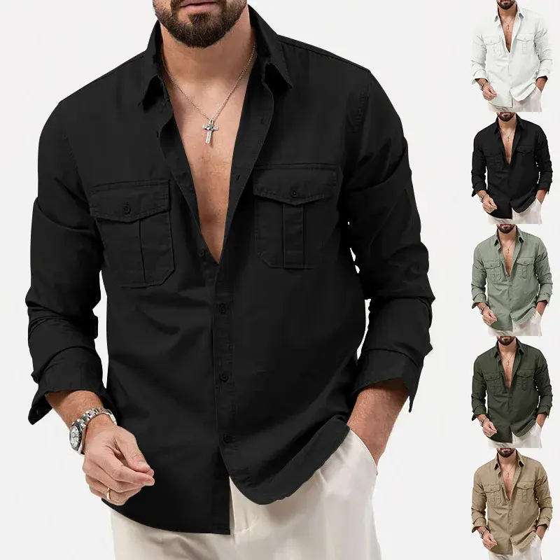2024 New Men's Casual Long Sleeve Shirt Multiple Pockets Independent Station European American Style Shirt Square Collar
