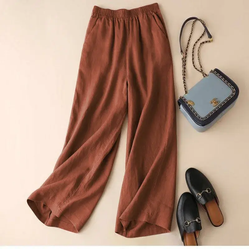 High Waist Cotton Wide Leg Pants Women's Summer New Style Loose Straight Cut Trousers Casual Large Size Nine Points Pants