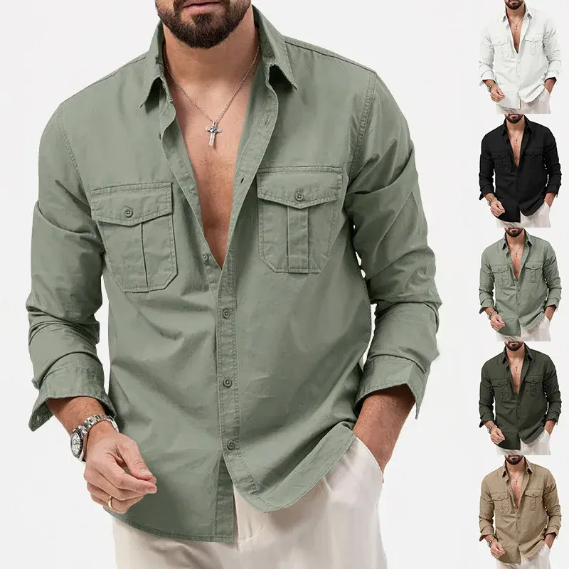 2024 New Men's Casual Long Sleeve Shirt Multiple Pockets Independent Station European American Style Shirt Square Collar