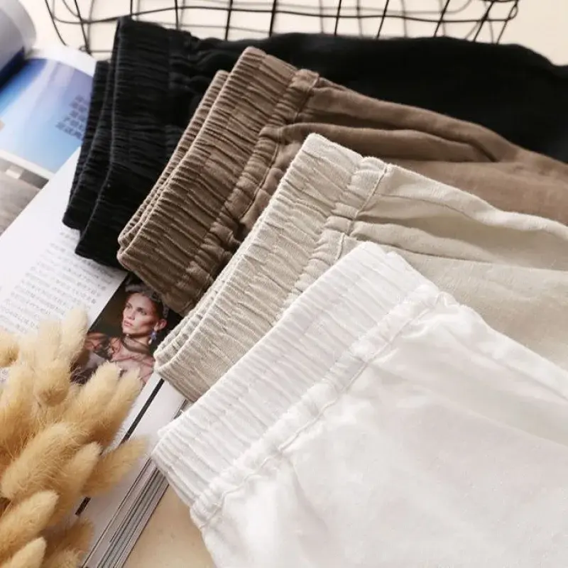 High Waist Cotton Wide Leg Pants Women's Summer New Style Loose Straight Cut Trousers Casual Large Size Nine Points Pants