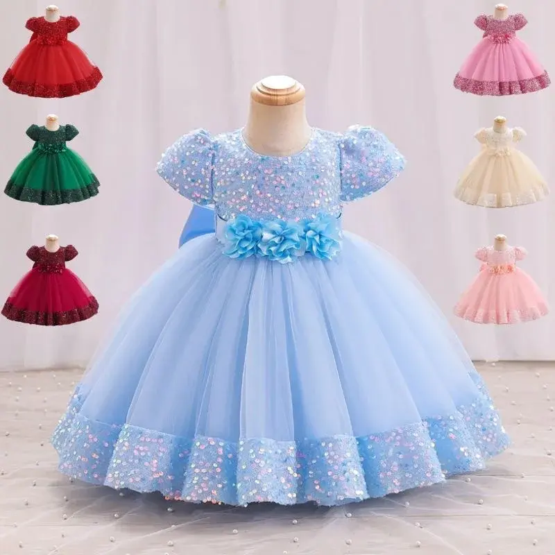 Girls Princess Dress 2024 New Style Short Sleeves Sequins Puff Skirt Children's Gown Cross-Border Wholesale Daily Casual Dress