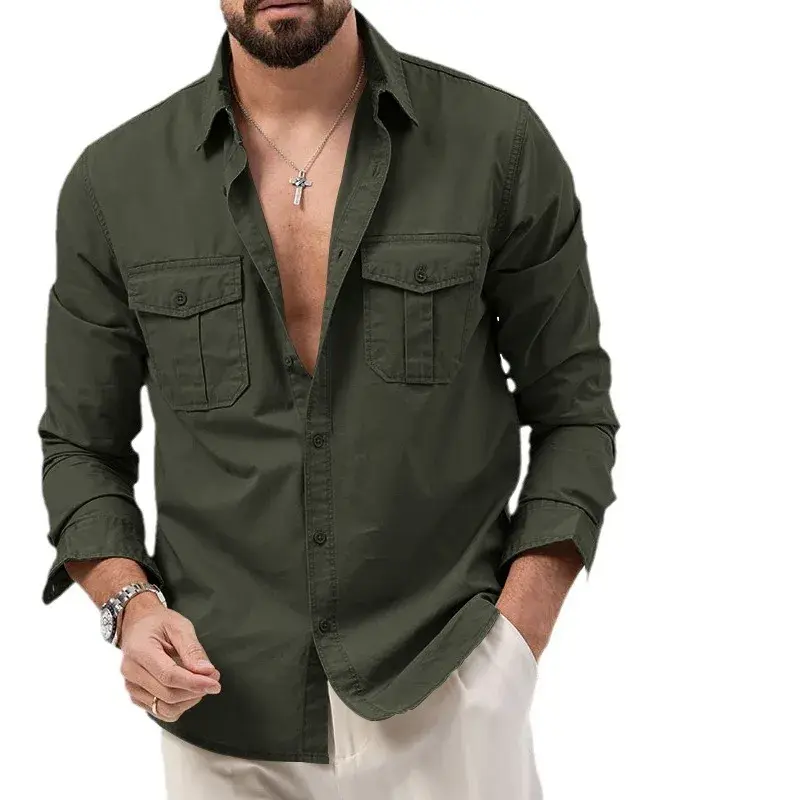 2024 New Men's Casual Long Sleeve Shirt Multiple Pockets Independent Station European American Style Shirt Square Collar