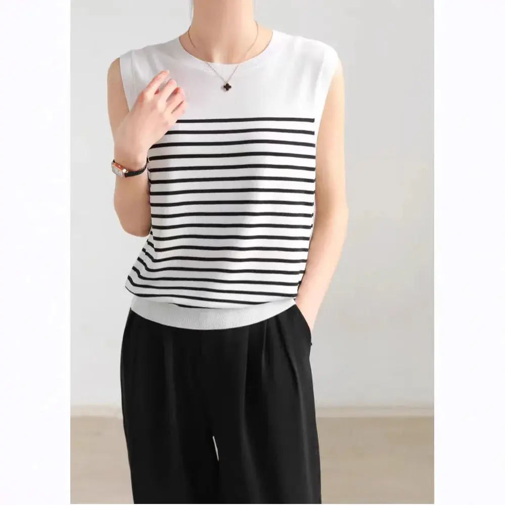 Pure Cotton Sleeveless T-Shirt Black White Stripes Crew Neck Vest Loose Thin Summer Top Women's Knitted Shirt Underwear Base Lay