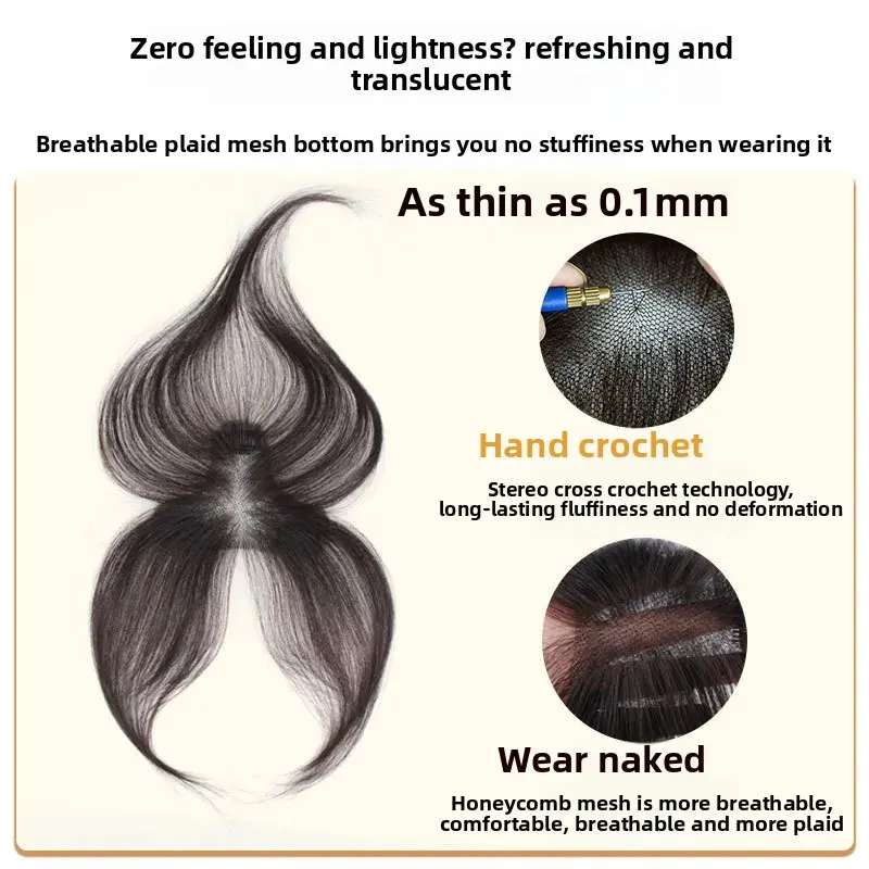 Hand-Woven Lightweight Invisible Hairline Cover Full-Weave Toupie Fringe Real Hair Top-Part Wig Piece for Hair Extension