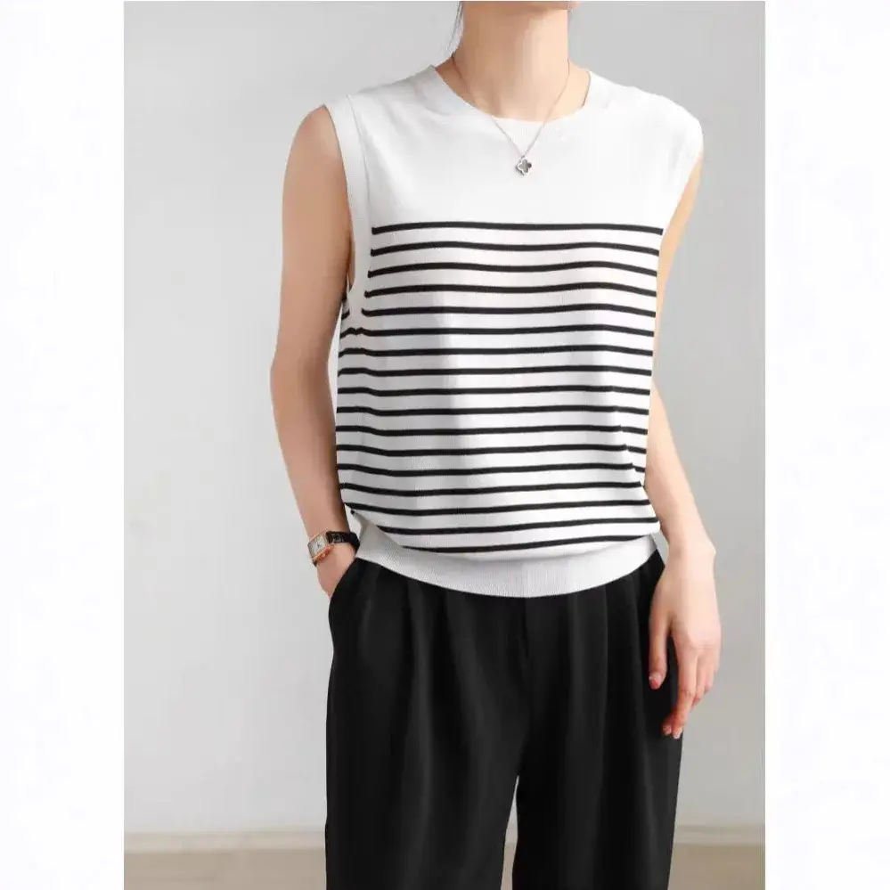 Pure Cotton Sleeveless T-Shirt Black White Stripes Crew Neck Vest Loose Thin Summer Top Women's Knitted Shirt Underwear Base Lay