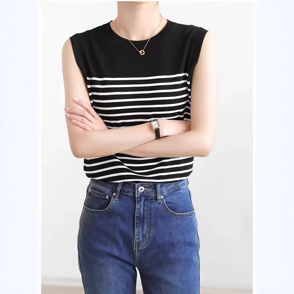 Pure Cotton Sleeveless T-Shirt Black White Stripes Crew Neck Vest Loose Thin Summer Top Women's Knitted Shirt Underwear Base Lay