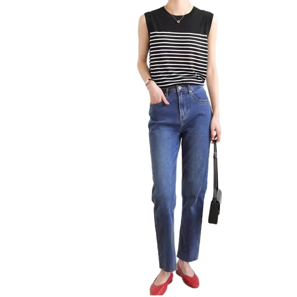 Pure Cotton Sleeveless T-Shirt Black White Stripes Crew Neck Vest Loose Thin Summer Top Women's Knitted Shirt Underwear Base Lay