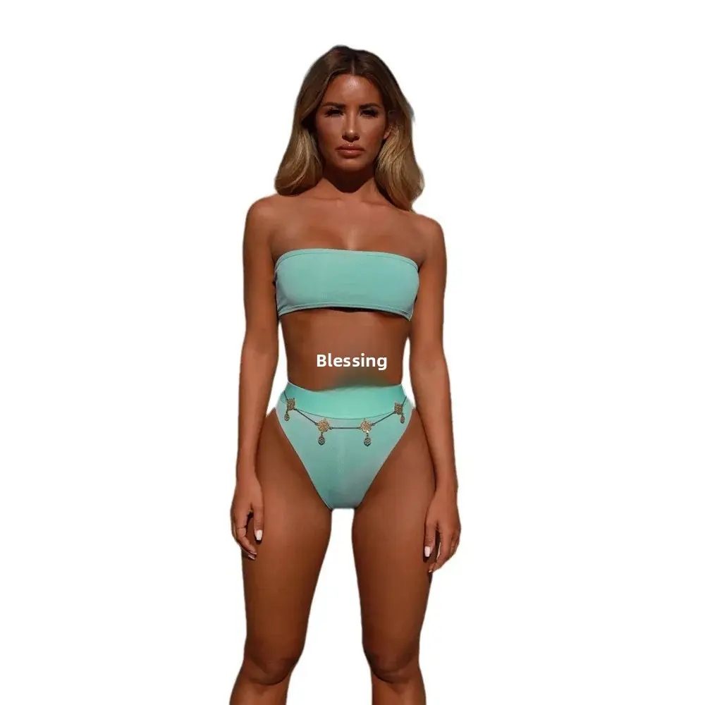 High-Waist Bikini Pure Color Strapless Sexy Beach Swimsuit Women's with Chest Pad Multicolor Available for Hot Sale