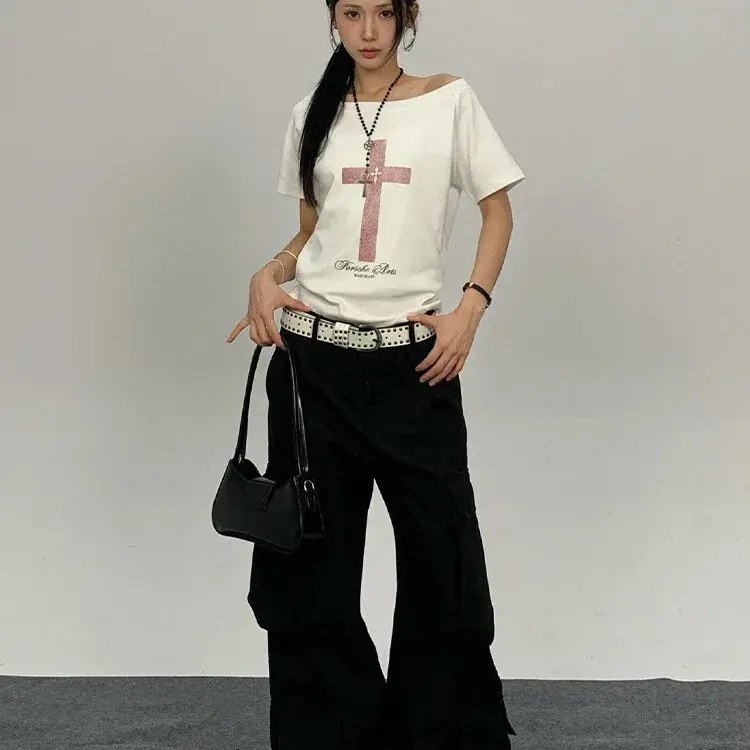Casual Cotton Blend Shoulder Baring Short Sleeve T Shirt Street Style Cross Print White Versatile Top for Women