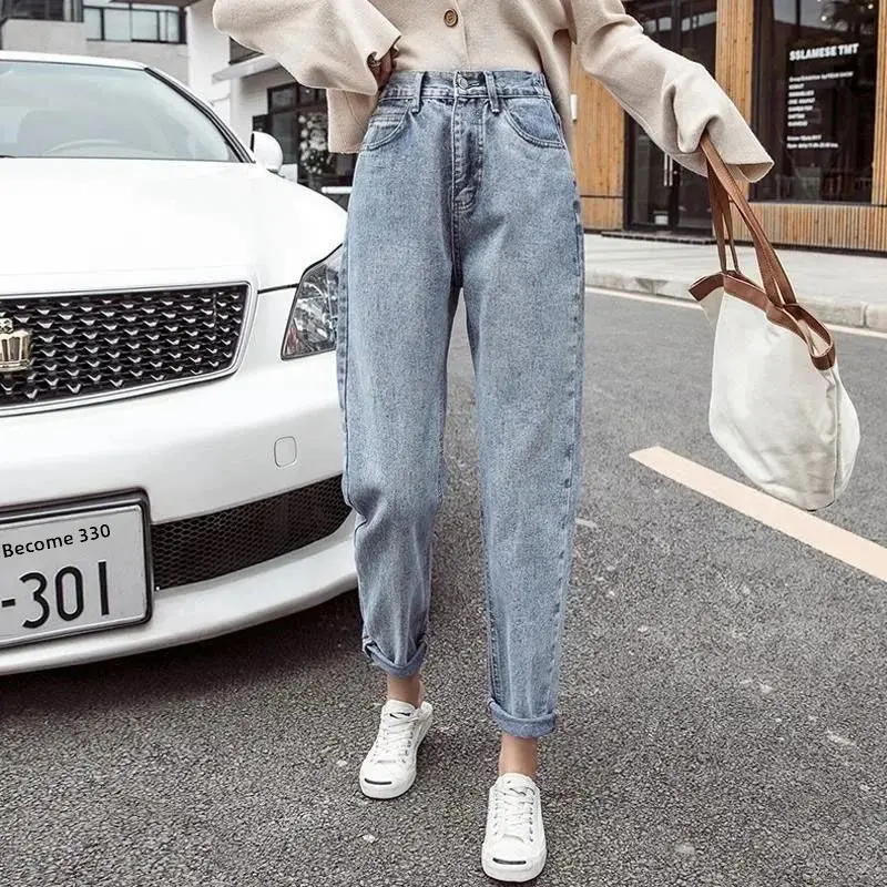 High Waist Denim Jeans Women's Hot Sale Of The Season Summer Korean Chic Wide Leg Slimming Student Straight Harem Nine Points Da