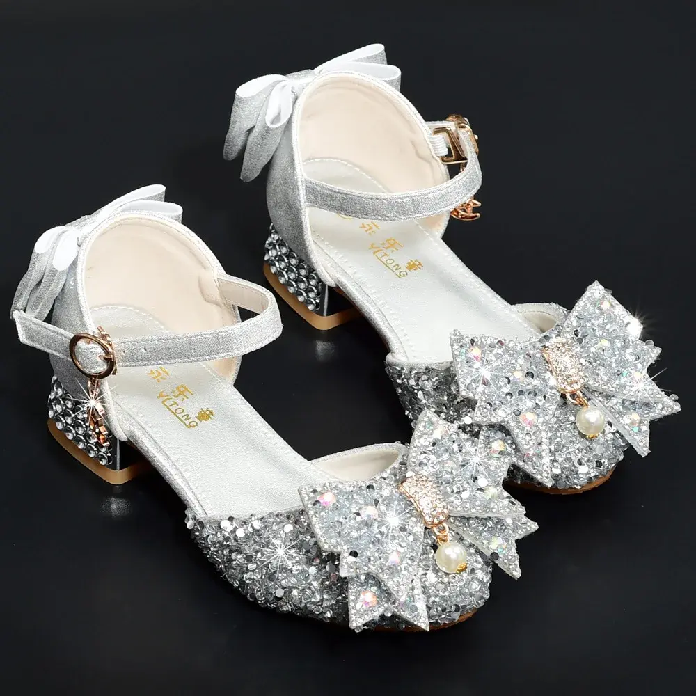 Children's High Heel Princess Shoes Silver Crystal Dance Shoes For Girls Summer Performance Hostess Shoes Kids Fashion Leather S