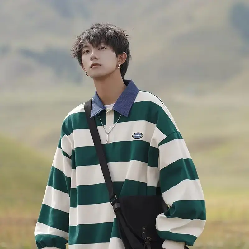 Japanese Striped Lapel Sweatshirt For Men Casual Loose Fit Vintage Fashion Long Sleeve Polo Shirt Top Spring Autumn Trendy