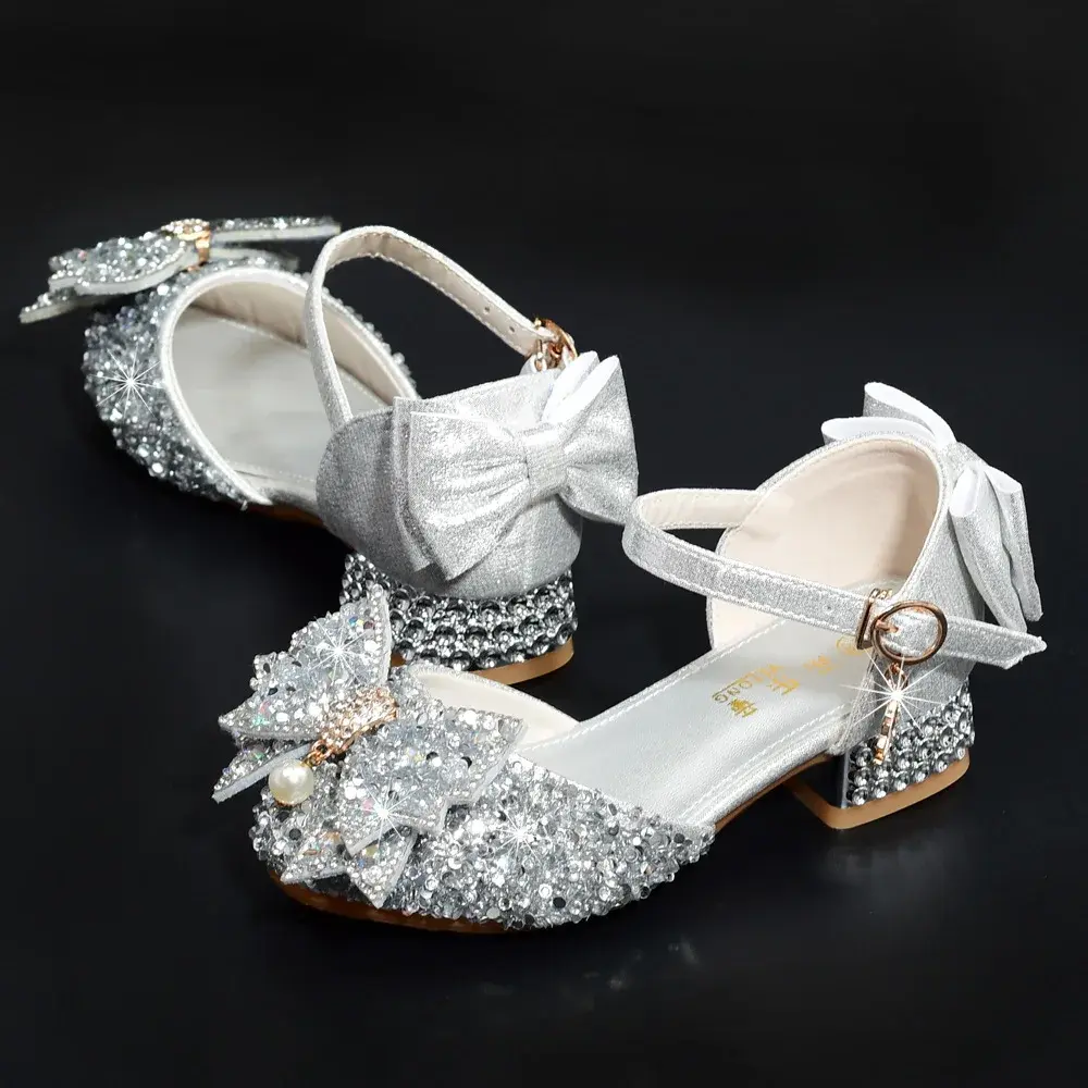 Children's High Heel Princess Shoes Silver Crystal Dance Shoes For Girls Summer Performance Hostess Shoes Kids Fashion Leather S
