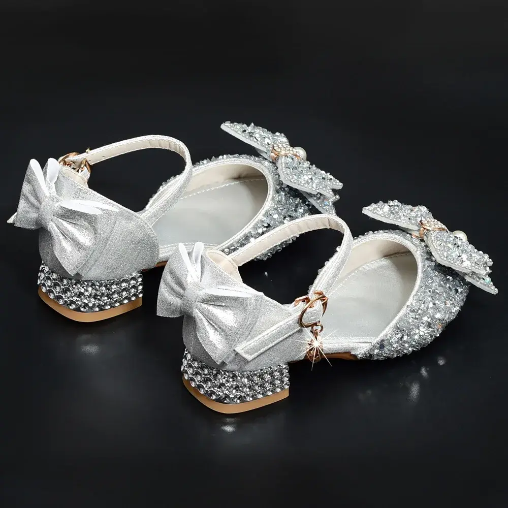 Children's High Heel Princess Shoes Silver Crystal Dance Shoes For Girls Summer Performance Hostess Shoes Kids Fashion Leather S