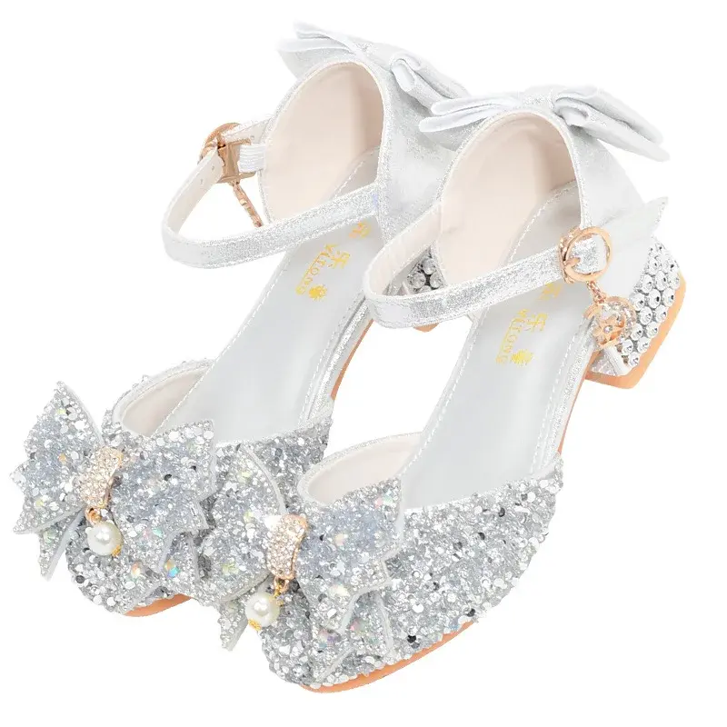 Children's High Heel Princess Shoes Silver Crystal Dance Shoes For Girls Summer Performance Hostess Shoes Kids Fashion Leather S