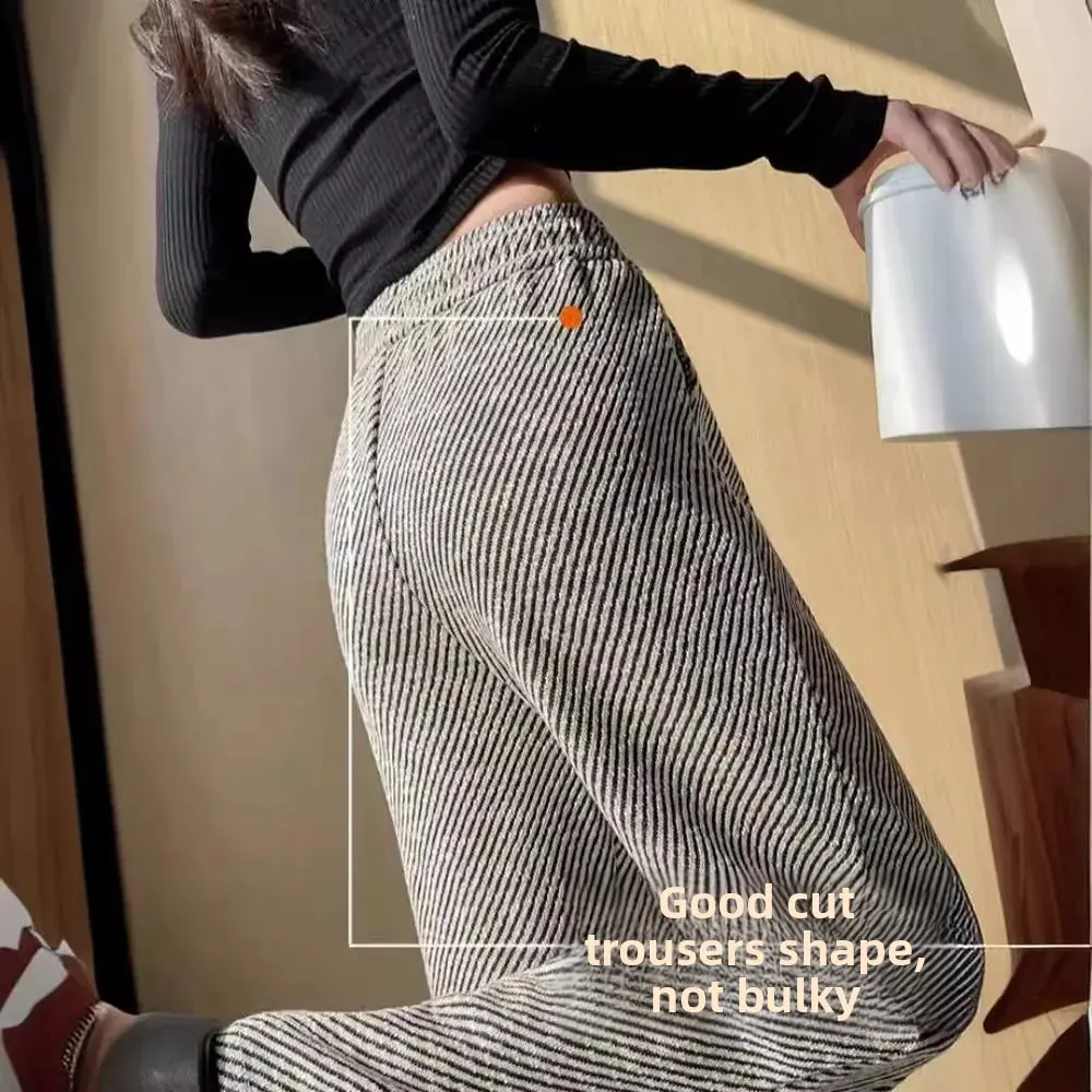 Casual High Waist Wide Leg Pants Women's Loose Thin Summer Trousers Drawstring Diagonal Stripe Straight Cut Slimming Effect