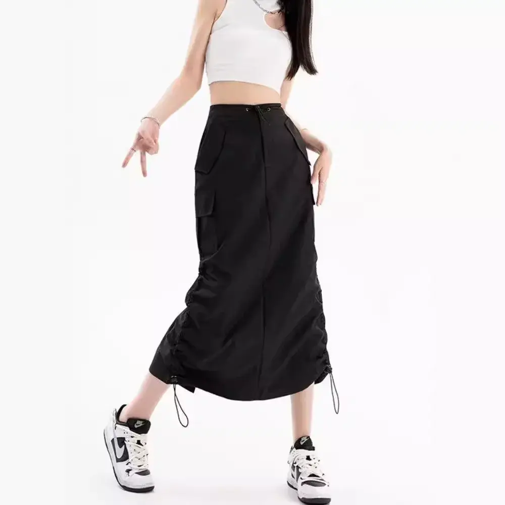 American Cool Quick Dry Pleated Drawstring Work Skirt Summer Vintage Loose Casual Straight Leg Split Half Body Skirt