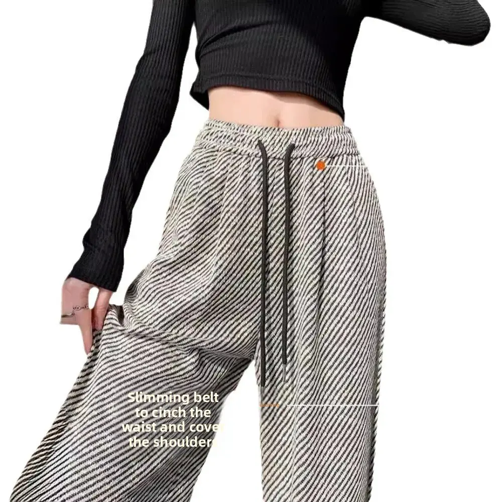 Casual High Waist Wide Leg Pants Women's Loose Thin Summer Trousers Drawstring Diagonal Stripe Straight Cut Slimming Effect