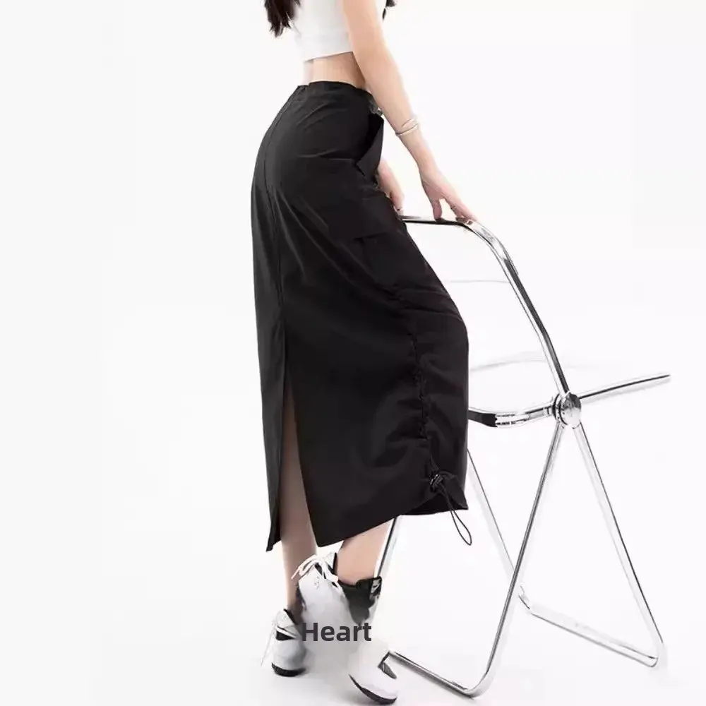 American Cool Quick Dry Pleated Drawstring Work Skirt Summer Vintage Loose Casual Straight Leg Split Half Body Skirt