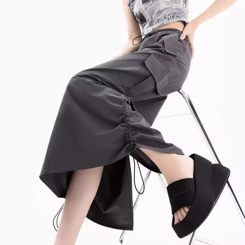 American Cool Quick Dry Pleated Drawstring Work Skirt Summer Vintage Loose Casual Straight Leg Split Half Body Skirt