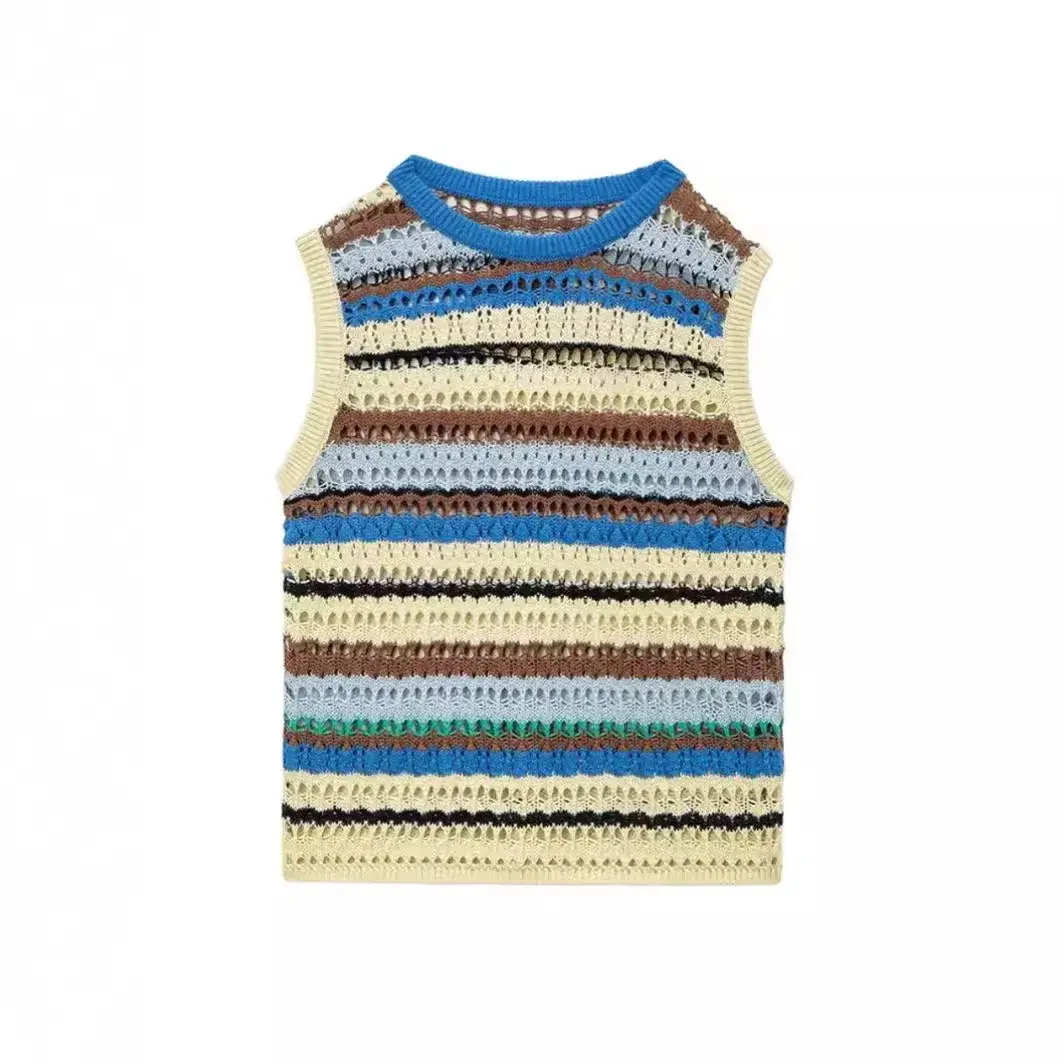 American Style Striped Hollow Sleeveless Work Shirt Knittank Vest Women's Summer Beach Inner And Outer Wear Top