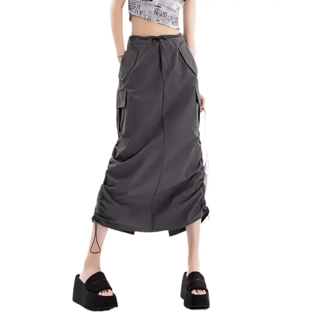 American Cool Quick Dry Pleated Drawstring Work Skirt Summer Vintage Loose Casual Straight Leg Split Half Body Skirt