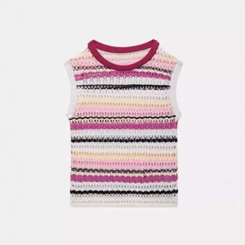American Style Striped Hollow Sleeveless Work Shirt Knittank Vest Women's Summer Beach Inner And Outer Wear Top