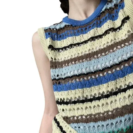 American Style Striped Hollow Sleeveless Work Shirt Knittank Vest Women's Summer Beach Inner And Outer Wear Top