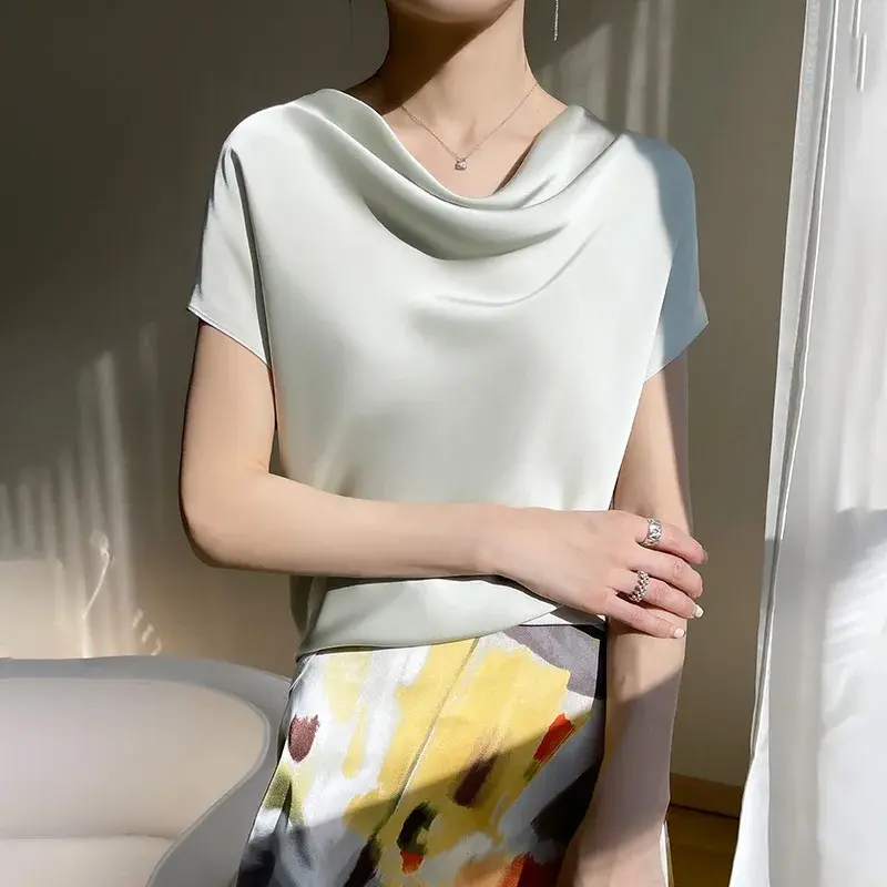 Silk Satin Short Sleeve T-Shirt French Collar Elegant Simple Style plus Size Top for Women Spring Summer New Arrival