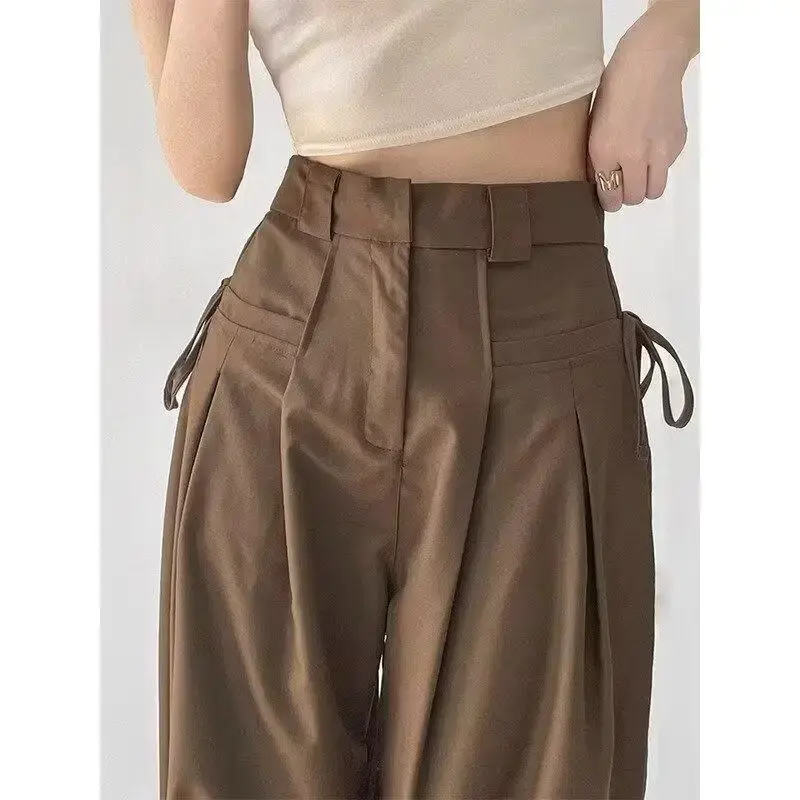Black High-Waisted Straight-Leg Casual Pants Women's Summer Petite Thin Draped Utility Bell Bottoms Suit Trousers