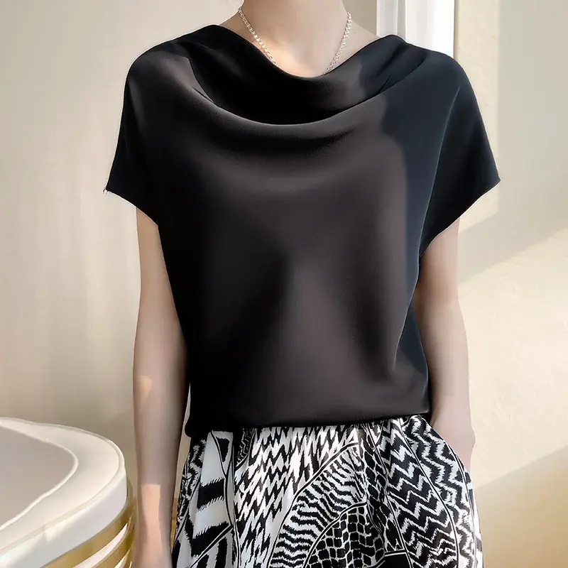 Silk Satin Short Sleeve T-Shirt French Collar Elegant Simple Style plus Size Top for Women Spring Summer New Arrival