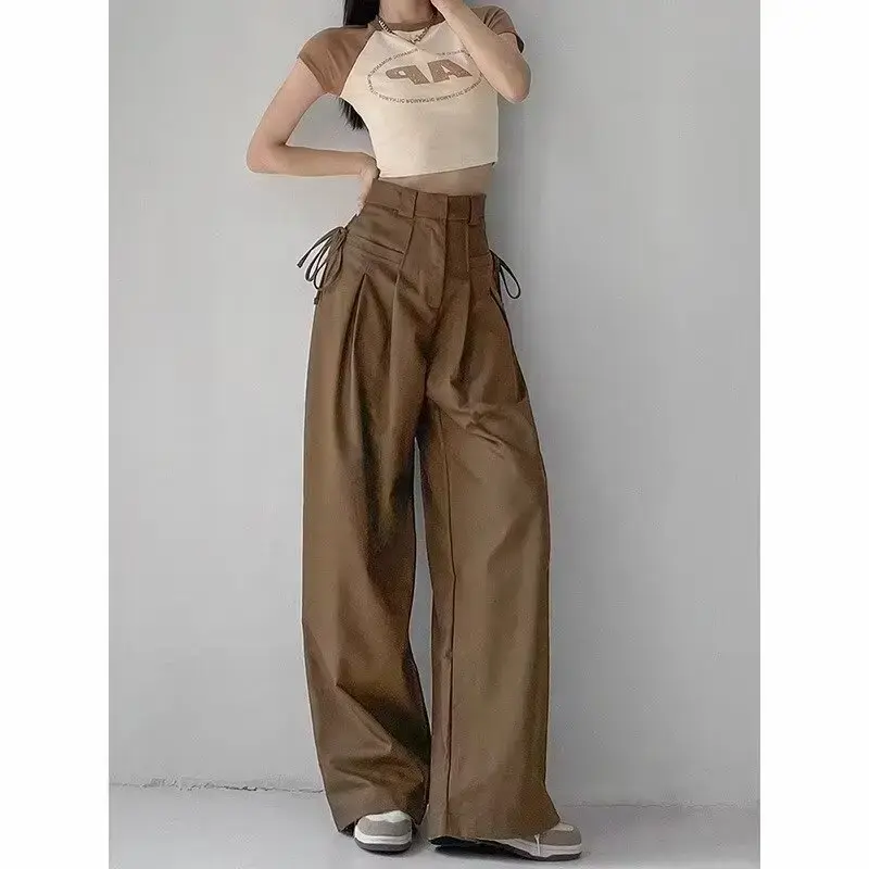Black High-Waisted Straight-Leg Casual Pants Women's Summer Petite Thin Draped Utility Bell Bottoms Suit Trousers