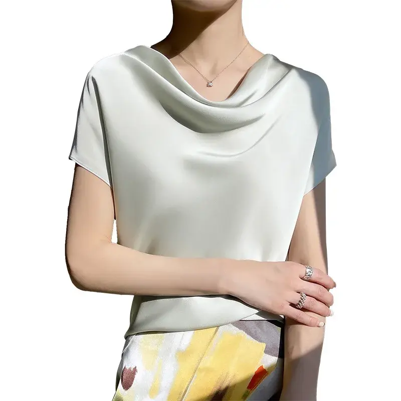 Silk Satin Short Sleeve T-Shirt French Collar Elegant Simple Style plus Size Top for Women Spring Summer New Arrival