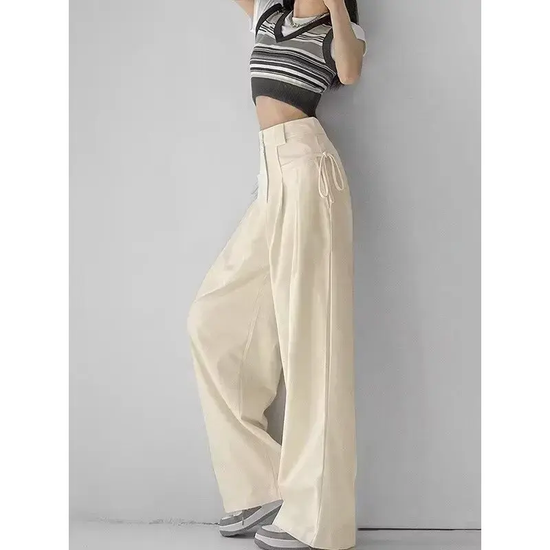 Black High-Waisted Straight-Leg Casual Pants Women's Summer Petite Thin Draped Utility Bell Bottoms Suit Trousers
