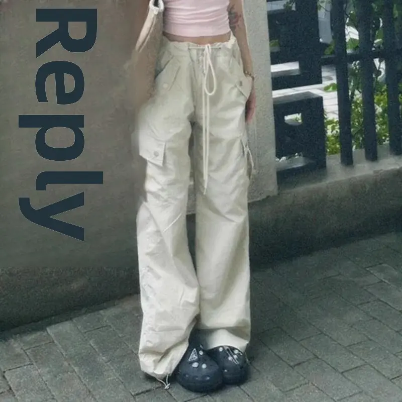 High Waist Wide Leg Pocket Work Pants Women Loose Casual Drawstring Retro Hot Girl Autumn Fashion Design Sense Cargo Trousers