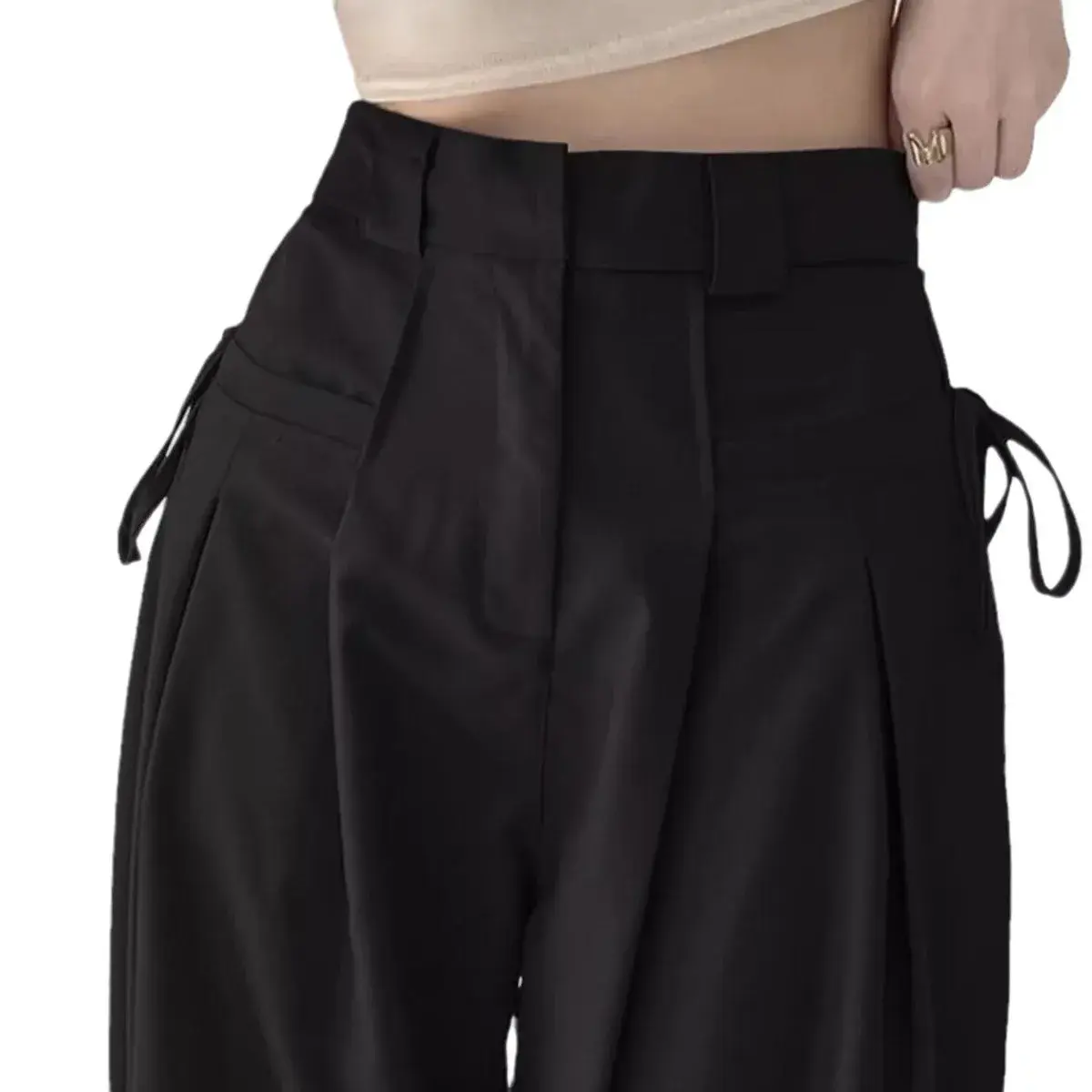 Black High-Waisted Straight-Leg Casual Pants Women's Summer Petite Thin Draped Utility Bell Bottoms Suit Trousers