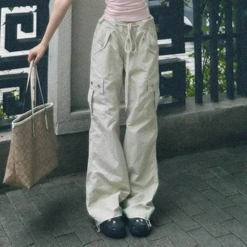 High Waist Wide Leg Pocket Work Pants Women Loose Casual Drawstring Retro Hot Girl Autumn Fashion Design Sense Cargo Trousers