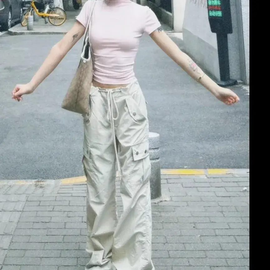 High Waist Wide Leg Pocket Work Pants Women Loose Casual Drawstring Retro Hot Girl Autumn Fashion Design Sense Cargo Trousers