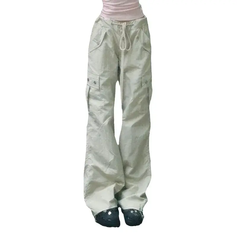 High Waist Wide Leg Pocket Work Pants Women Loose Casual Drawstring Retro Hot Girl Autumn Fashion Design Sense Cargo Trousers