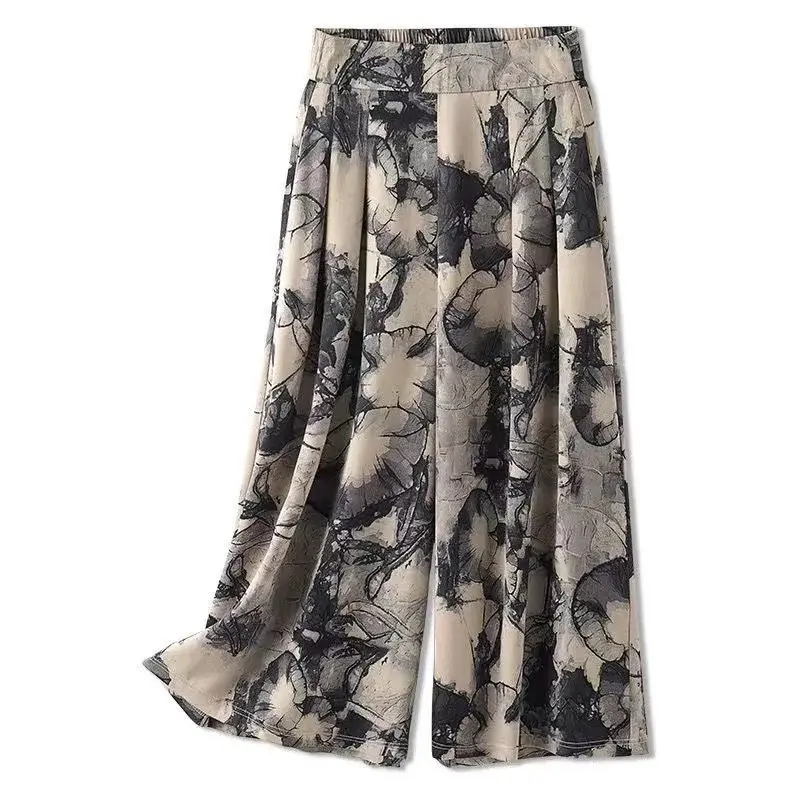 High Waist Wide Leg Pants Summer Thin Loose Drapey Floral Print New Style for Middle-Aged Mothers Seven-Foot Long Trousers