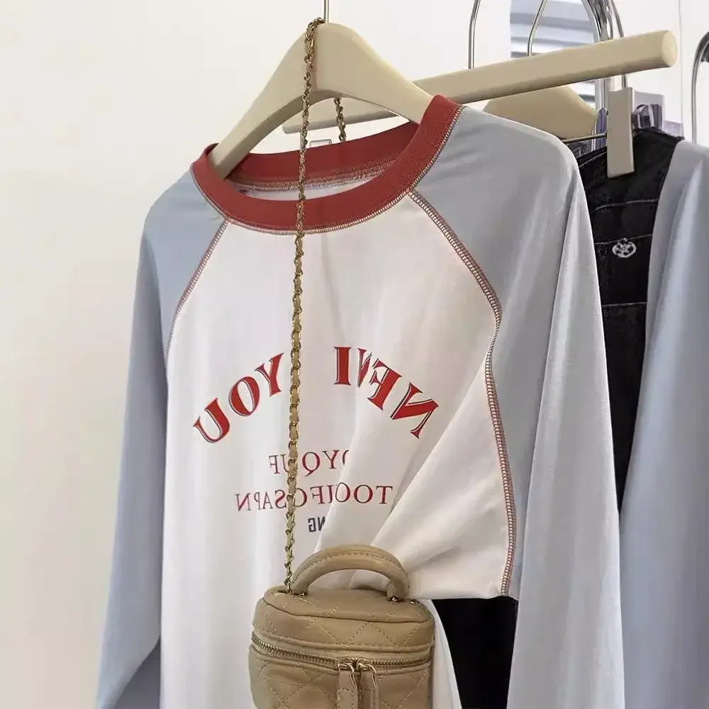 American Color Block Shoulder Sleeve Long Sleeve Crew Neck T-Shirt Women Spring Autumn New Pure Cotton Thin Base Shirt Top