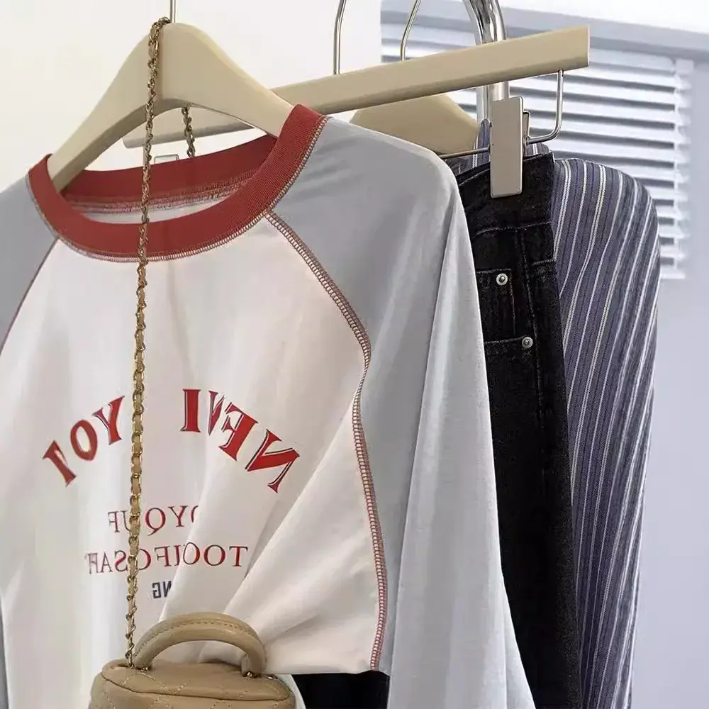 American Color Block Shoulder Sleeve Long Sleeve Crew Neck T-Shirt Women Spring Autumn New Pure Cotton Thin Base Shirt Top